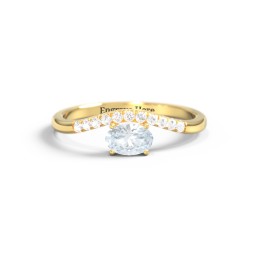 East-West Oval Gemstone Curved Ring with Accents in 10K Solid Yellow Gold with Aquamarine and Cubic Zirconia