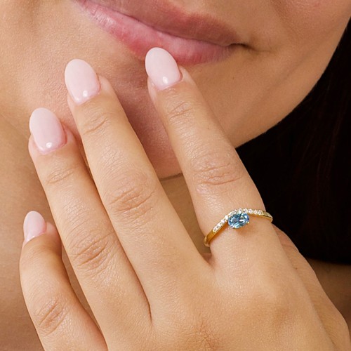 East-West Oval Gemstone Curved Ring with Accents – 10K Yellow Gold with Lab Diamond and Diamond