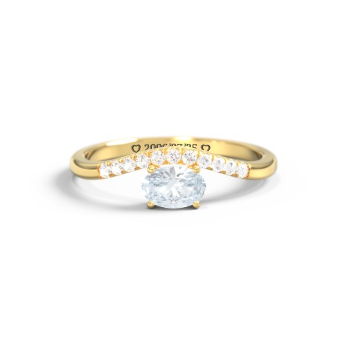 East-West Oval Gemstone Curved Ring with Accents – 10K Yellow Gold with Aquamarine and Cubic Zirconia