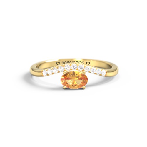 East-West Oval Gemstone Curved Ring with Accents – 10K Yellow Gold with Citrine and Cubic Zirconia