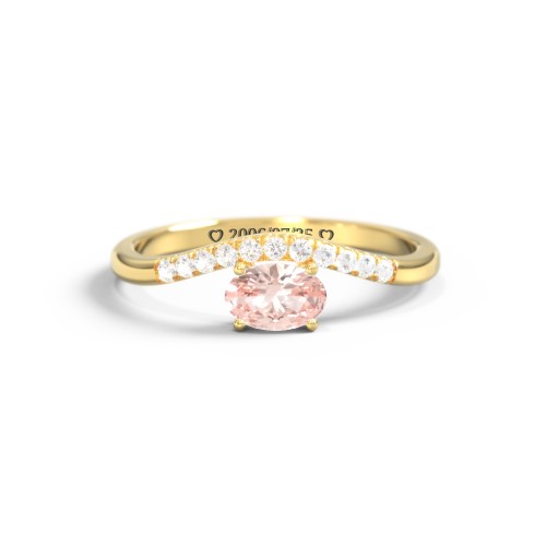 East-West Oval Gemstone Curved Ring with Accents – 10K Yellow Gold with Morganite and Cubic Zirconia