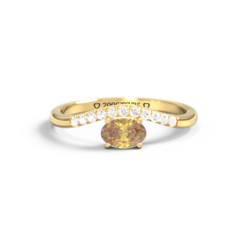 East-West Oval Gemstone Curved Ring with Accents – 10K Yellow Gold with Citrine and Cubic Zirconia