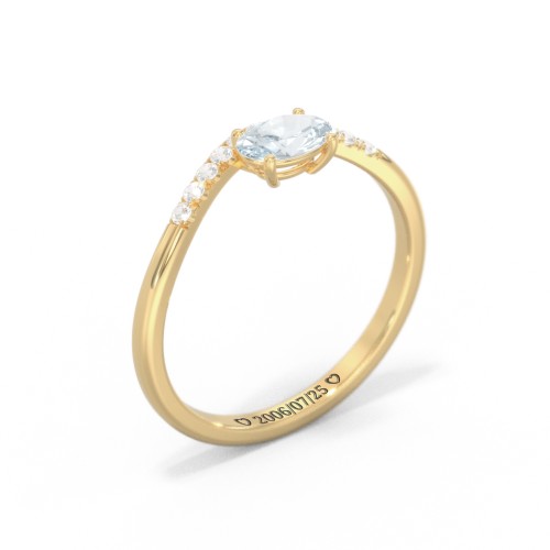 East-West Oval Gemstone Curved Ring with Accents – 10K Yellow Gold with Aquamarine and Cubic Zirconia