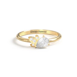 Pear Gemstone Ring with Leaf Motif Accent Stones in 18K Gold Plated Silver with Diamond