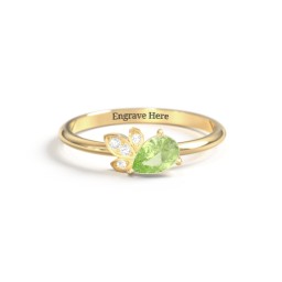 Pear Gemstone Ring with Leaf Motif Accent Stones in 18K Gold Plated Silver with Peridot and Cubic Zirconia