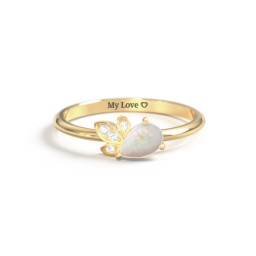 Pear Gemstone Ring with Leaf Motif Accent Stones in 18K Gold Plated Silver with Opal and Cubic Zirconia