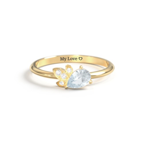 Pear Gemstone Ring with Leaf Motif Accent Stones – 18K Gold Plated Silver with Aquamarine and Cubic Zirconia