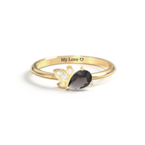 Pear Gemstone Ring with Leaf Motif Accent Stones – 18K Gold Plated Silver with Smokey Quartz and Cubic Zirconia