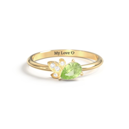 Pear Gemstone Ring with Leaf Motif Accent Stones – 18K Gold Plated Silver with Peridot and Cubic Zirconia