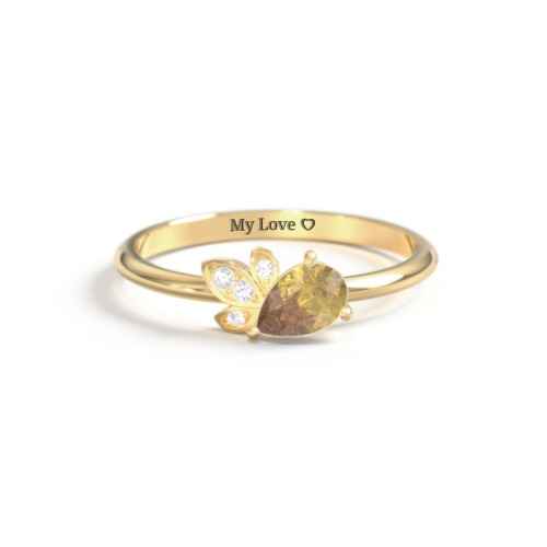 Pear Gemstone Ring with Leaf Motif Accent Stones – 18K Gold Plated Silver with Citrine and Cubic Zirconia