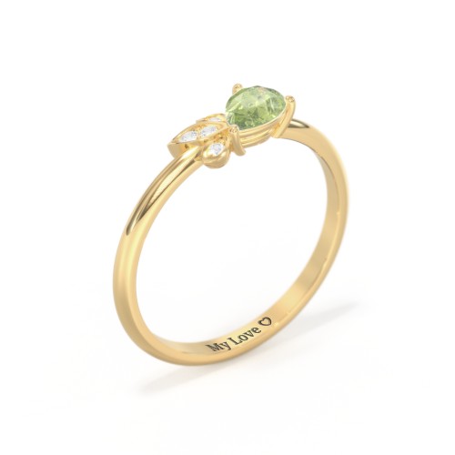 Pear Gemstone Ring with Leaf Motif Accent Stones – 18K Gold Plated Silver with Peridot and Cubic Zirconia
