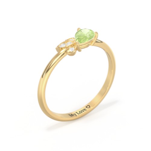 Pear Gemstone Ring with Leaf Motif Accent Stones – 18K Gold Plated Silver with Peridot and Cubic Zirconia