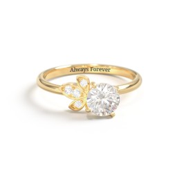 Round Gemstone Ring with Petal Accents in 18K Gold Plated Silver with Cubic Zirconia and White Premium Zirconia