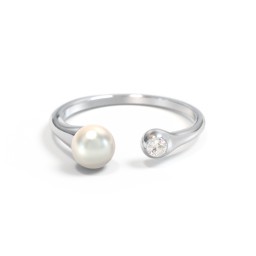 Pearl And Birthstone Open Cuff Ring in 10K Solid White Gold with Cubic Zirconia
