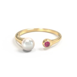 Pearl And Birthstone Open Cuff Ring in 10K Solid Yellow Gold with Ruby and Freshwater Pearl