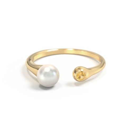 Pearl And Birthstone Open Cuff Ring – 10K Yellow Gold with Freshwater Pearl and Citrine