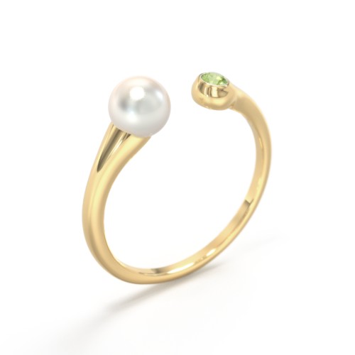 Pearl And Birthstone Open Cuff Ring – 10K Yellow Gold with Freshwater Pearl and Peridot