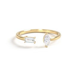 Baguette & Marquise Gemstone Open Cuff Ring in 18K Gold Plated Silver with Diamond