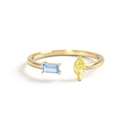 Baguette & Marquise Gemstone Open Cuff Ring in 18K Gold Plated Silver with Blue Topaz and Citrine