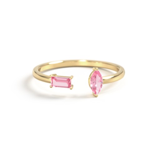 Baguette & Marquise Gemstone Open Cuff Ring – 18K Gold Plated Silver with Pink Tourmaline