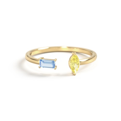 Baguette & Marquise Gemstone Open Cuff Ring – 18K Gold Plated Silver with Blue Topaz and Citrine