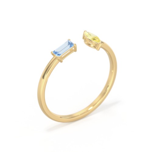 Baguette & Marquise Gemstone Open Cuff Ring – 18K Gold Plated Silver with Blue Topaz and Citrine