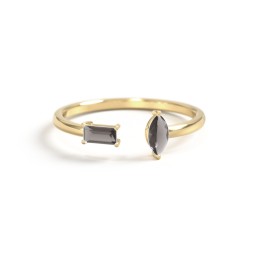 Baguette & Marquise Gemstone Open Cuff Ring in 18K Gold Plated Silver with Smokey Quartz