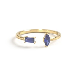 Baguette & Marquise Gemstone Open Cuff Ring in 18K Gold Plated Silver with Blue Sapphire