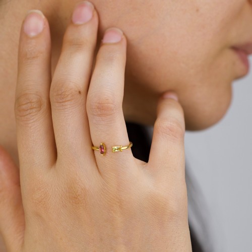 Baguette & Marquise Gemstone Open Cuff Ring – 18K Gold Plated Silver with Peridot