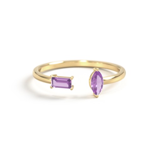 Baguette & Marquise Gemstone Open Cuff Ring – 18K Gold Plated Silver with Amethyst