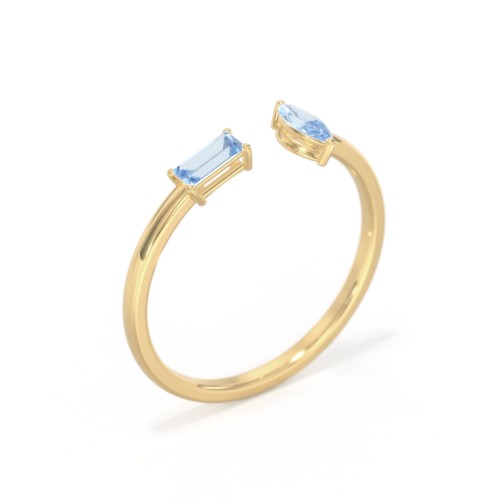 Baguette & Marquise Gemstone Open Cuff Ring – 18K Gold Plated Silver with Blue Topaz
