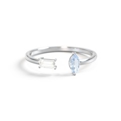 Baguette & Marquise Gemstone Open Cuff Ring – 10K Rose Gold with Cubic Zirconia and Aquamarine