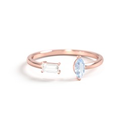 Baguette & Marquise Gemstone Open Cuff Ring in 10K Solid Rose Gold with Cubic Zirconia and Aquamarine