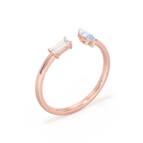 Baguette & Marquise Gemstone Open Cuff Ring – 10K Rose Gold with Cubic Zirconia and Aquamarine