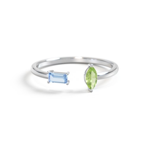 Baguette & Marquise Gemstone Open Cuff Ring – Sterling Silver with Blue Topaz and Peridot