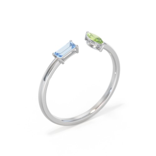 Baguette & Marquise Gemstone Open Cuff Ring – Sterling Silver with Blue Topaz and Peridot