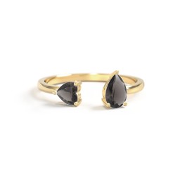 Heart & Pear Gemstone Open Cuff Ring in 18K Gold Plated Silver with Smokey Quartz