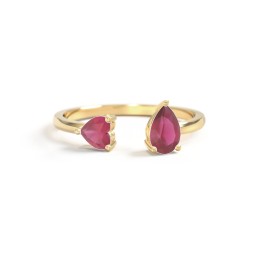 Heart & Pear Gemstone Open Cuff Ring in 18K Gold Plated Silver with Ruby