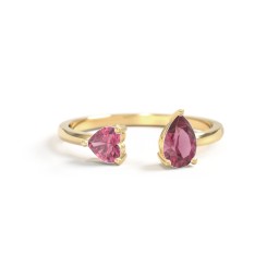 Heart & Pear Gemstone Open Cuff Ring in 18K Gold Plated Silver with Pink Tourmaline