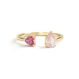 Heart & Pear Gemstone Open Cuff Ring in 18K Gold Plated Silver with Pink Tourmaline and Morganite