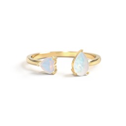 Heart & Pear Gemstone Open Cuff Ring in 18K Gold Plated Silver with Opal