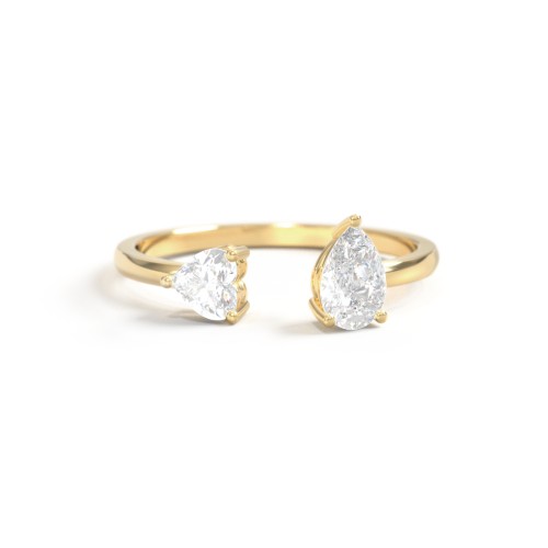 Heart & Pear Gemstone Open Cuff Ring – 18K Gold Plated Silver with Diamond