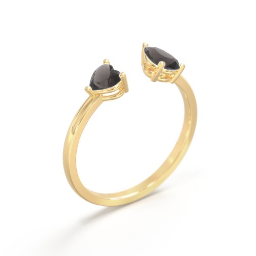 Heart & Pear Gemstone Open Cuff Ring – 18K Gold Plated Silver with Smokey Quartz
