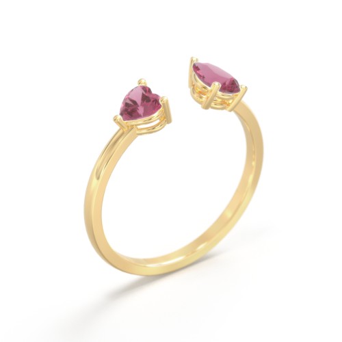 Heart & Pear Gemstone Open Cuff Ring – 18K Gold Plated Silver with Pink Tourmaline