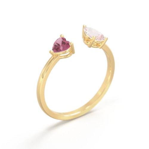 Heart & Pear Gemstone Open Cuff Ring – 18K Gold Plated Silver with Pink Tourmaline and Morganite