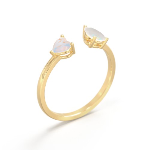 Heart & Pear Gemstone Open Cuff Ring – 18K Gold Plated Silver with Opal