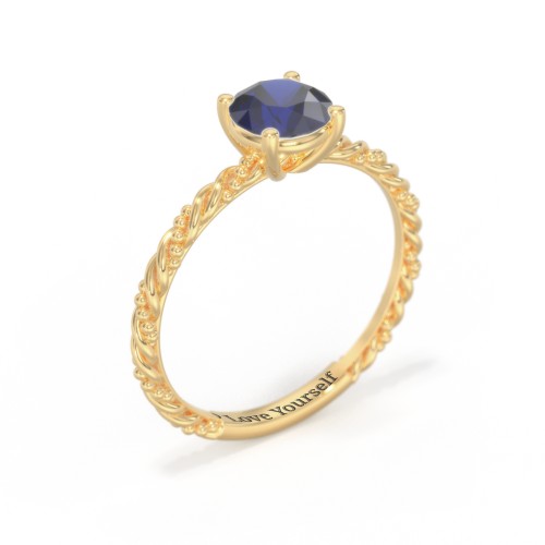 Solitaire Gemstone Ring with Twisted Rope & Bead Band – 18K Gold Plated Silver with Blue Sapphire
