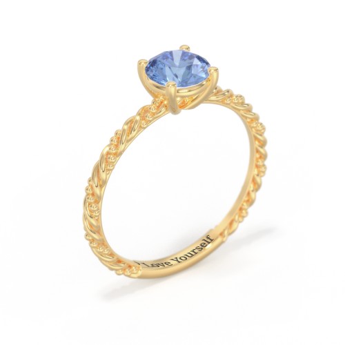 Solitaire Gemstone Ring with Twisted Rope & Bead Band – 18K Gold Plated Silver with Fancy Blue Premium Zirconia
