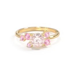 Round Gemstone Ring with Scattered Side Stones in 10K Solid Yellow Gold with Morganite and Pink Tourmaline