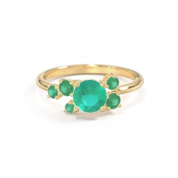 Round Gemstone Ring with Scattered Side Stones in 10K Solid Yellow Gold with Emerald